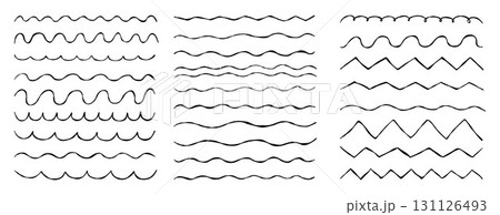Corrugated Waves. Line doodle textured hand-drawn set. Isolated zigzag, Wave ornament pattern, horizontal underline, wavy, billowy, thin line background. Vector illustration. Not AI Corrugated Waves. Line doodle textured hand-drawn set. Isolated zigzag, Wave ornament pattern, horizontal underline, wavy, billowy, thin line background. Vector illustration. Not AI 131126493