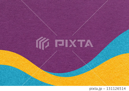 Textured dark violet paper background with turquoise yellow wavy lines and waves, copy space for banner, presentation 131126514