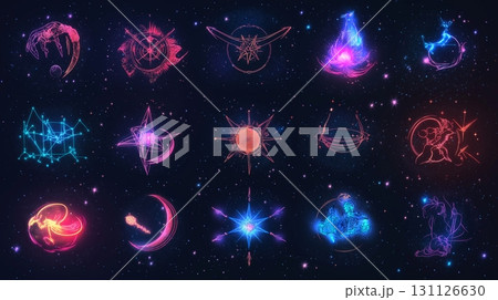 Neon constellation art of zodiac signs set against a starry night sky. Astrological symbols Neon constellation art of zodiac signs set against a starry night sky. Astrological symbols 131126630