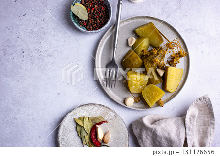 Bowl of pickled marinated cucumbers Bowl of pickled marinated cucumbers 131126656