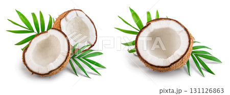 half of coconut with leaves isolated on white background 131126863