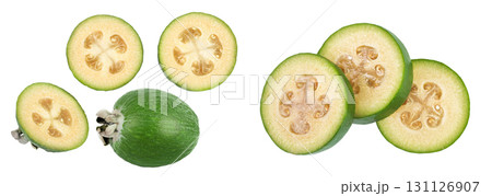 Feijoa fruit isolated on white background. Top view. Flat lay Feijoa fruit isolated on white background. Top view. Flat lay 131126907