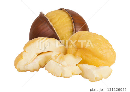 roasted peeled chestnut isolated on white background wit full depth of field. roasted peeled chestnut isolated on white background wit full depth of field. 131126933