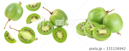 mini kiwi baby fruit or actinidia arguta isolated on white background with full depth of field. Top view. Flat lay 131126942