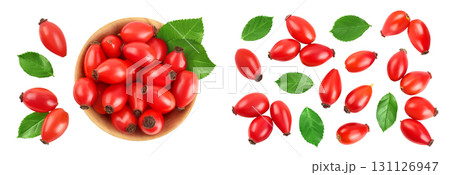 Rose hip in wooden bowl isolated on a white background with full depth of field. Top view. Flat lay Rose hip in wooden bowl isolated on a white background with full depth of field. Top view. Flat lay 131126947