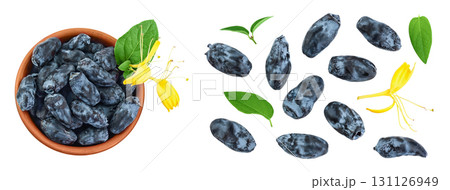 Fresh honeysuckle blue berry in ceramic bowl isolated on white background with full depth of field. Top view. Flat lay Fresh honeysuckle blue berry in ceramic bowl isolated on white background with full depth of field. Top view. Flat lay 131126949