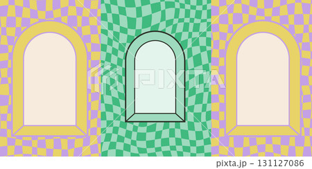 Psychedelic background with checker pattern and arched frame windows in pastel green, yellow, and purple. Psychedelic frame window design in groovy Y2K abstract style. Perfect for posters or retro 131127086
