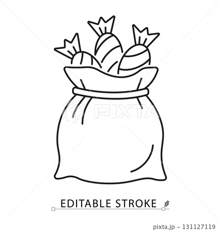 A candy bag icon in a minimalist line style with editable stroke. Halloween trick or treat sack, sweets pouch, sugar dessert, holiday gift, party celebration food, chocolate present concept. 131127119