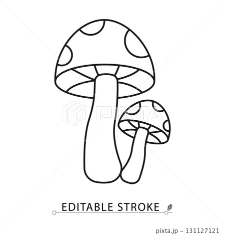 A fly agaric mushrooms icon in a minimalist line style with editable stroke. Forest toadstool, poisonous fungi, magic plant, fantasy food, autumn nature element, fairy tale woodland flora. 131127121