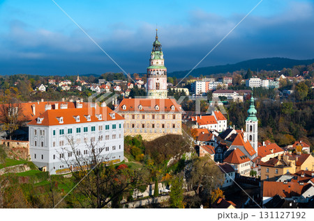 Panoramic view of Cesky Krumlov, showcasing the UNESCO-listed historic center surrounded by the Vltava River in a meander. A sunny autumn day highlights the town's charm. Panoramic view of Cesky Krumlov, showcasing the UNESCO-listed historic center surrounded by the Vltava River in a meander. A sunny autumn day highlights the town's charm. 131127192