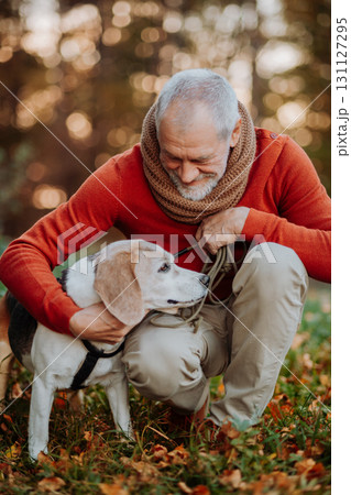 Older man with his dog in autumn nature. Older man with his dog in autumn nature. 131127295