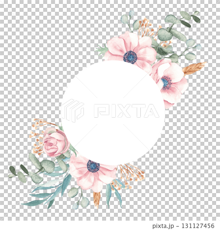 Anemone Circle Frame with Eucalyptus Branches, Dry yellow Tansy and Spikelets of Wheat or Rye. Watercolor Hand drawn floral illustration isolated on a background. For cards, logos, packaging design. 131127456