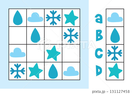Picture sudoku with weather symbols. Kids place each icon once per row and column 131127458