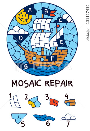 Kids visual puzzle. Repair the sailing ship mosaic by matching missing fragments 131127459