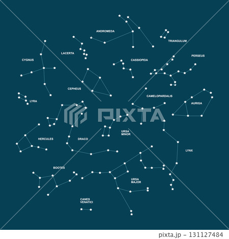 Zodiac constellations illustration on a blue background. Constellations include Ursa Minor, Cassiopeia. Constellations of the Northern Hemisphere Zodiac constellations illustration on a blue background. Constellations include Ursa Minor, Cassiopeia. Constellations of the Northern Hemisphere 131127484