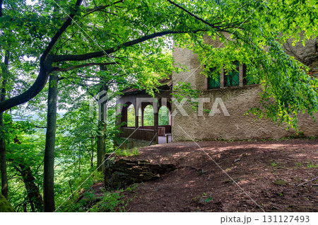 The ruins of Ryzmburk Castle in Babiccino Valley near Ratiborice, Czech Republic, captivate visitors with its historic charm atop a cliff overlooking the Upa River. 131127493