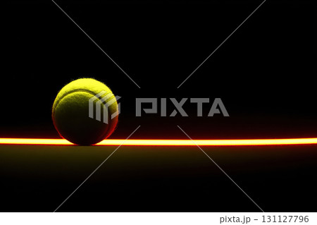 An abstract sports background with a tennis ball and a neon trajectory in the dark. Sport dark background. 131127796