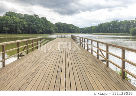 Wooden pier on a calm lake under a cloudy sky, surrounded by lush green trees. Peaceful and serene nature scene. Wooden pier on a calm lake under a cloudy sky, surrounded by lush green trees. Peaceful and serene nature scene. 131128019