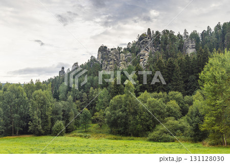 Landscape of Adrspach-Teplice Rocks area, in Hradec Kralove Region in the Czech Republic, Europe. Rock formations towering above lush forest under cloudy sky. Serene natural landscape, peaceful vista. 131128030