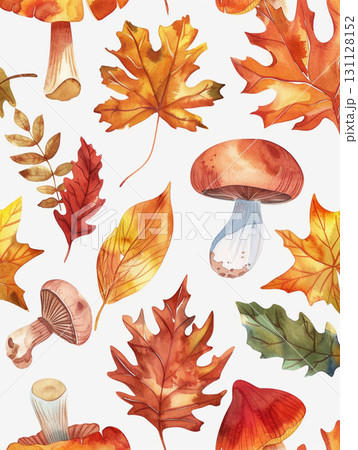 autumn watercolor leaves and mushrooms on white background. Decor for Halloween, Thanksgiving. 131128152