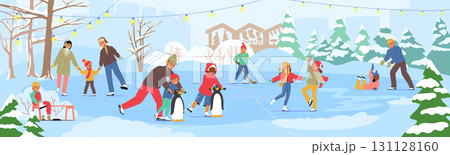 Happy family and children enjoying skating ice rink in winter park decorated for Christmas vacation 131128160
