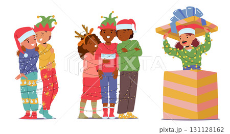 Happy overjoyed children bounded Christmas lights garland having fun rejoicing winter holiday spirit 131128162