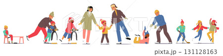 Set of adults and children cartoon character wearing warm clothes and skates enjoying ice skating 131128163