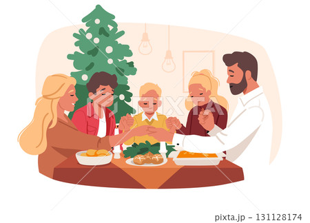 Happy family praying while sitting at festive dinner table with Christmas dishes cartoon background 131128174
