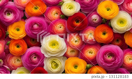 Colorful ranunculus flowers background with delicate tissue-thin petals layered like roses, creating a beautiful and intricate floral texture. AI Generated 131128183