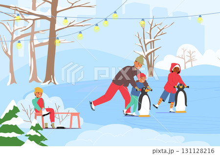 Happy family ice skating rejoicing winter sport activity and Christmas holiday vacation enjoyment 131128216