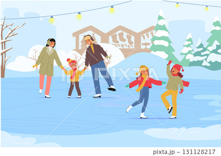 Winter ice skating in urban park cartoon scene with happy family and children wearing warm clothes 131128217
