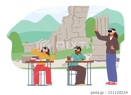 Ancient history teacher teaching students using virtual reality glasses and interactive cyberspace 131128224