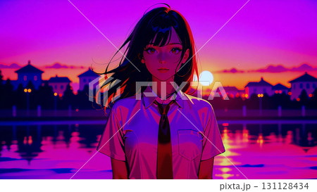 夕暮れの校舎を背に、長い黒髪を風になびかせる少女。制服の赤いネクタイが輝き、切なさ、希望、静かな青春 131128434