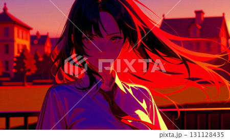 夕暮れの校舎を背に、長い黒髪を風になびかせる少女。制服の赤いネクタイが輝き、切なさ、希望、静かな青春 131128435