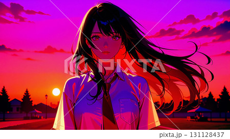 夕暮れの校舎を背に、長い黒髪を風になびかせる少女。制服の赤いネクタイが輝き、切なさ、希望、静かな青春 131128437
