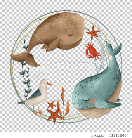 Whimsical and Enchanting Ocean Creatures Featuring Starfish and Lush Seaweed Around Them 131128494