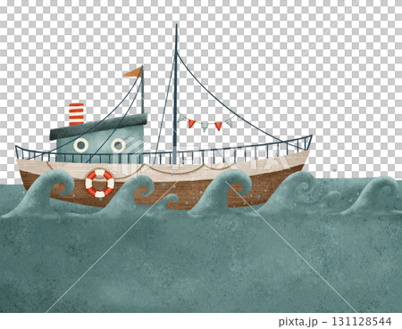 Charming Animated Cartoon Tugboat Sailing Merrily Through Colorful Waves of the Sea Charming Animated Cartoon Tugboat Sailing Merrily Through Colorful Waves of the Sea 131128544