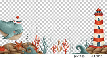 A Whimsical Underwater Scene featuring a Whale interacting with a Lighthouse nearby A Whimsical Underwater Scene featuring a Whale interacting with a Lighthouse nearby 131128545