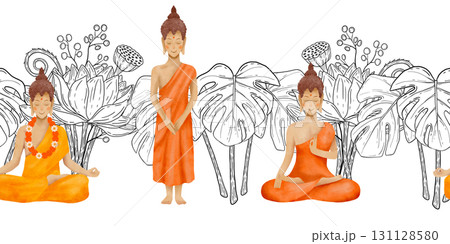 Serene and peaceful Buddha illustrations set against the vibrant backdrop of tropical flora 131128580