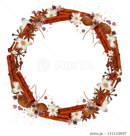 An Ornate Circle design of Spices and Flowers, showcasing aromatic beauty and creativity 131128697