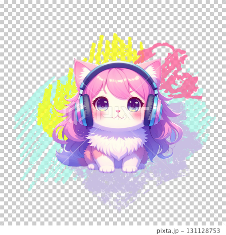 A colorful illustration of a cat character wearing headphones, backpainted 131128753
