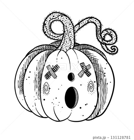 A whimsical Halloween pumpkin characterized by its playful tentacles and decorative bandages 131128781