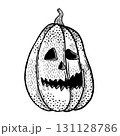 Illustration of a Spooky Halloween Pumpkin Featuring a Creepy Face with Distinctive Features 131128786