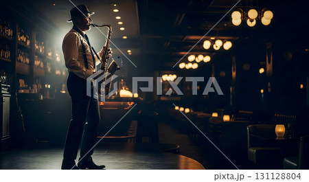 Jazz Musician Playing Saxophone in Cozy Bar 131128804