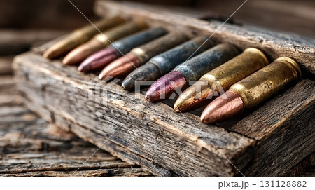 Rifle bullets resting in wooden box on table 131128882