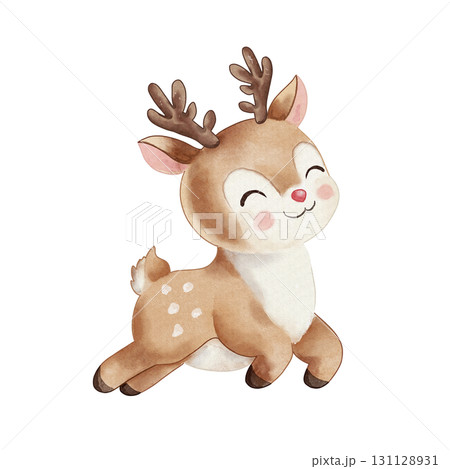Cute reindeer with pink cheeks is smiling. Watercolor illustration of an animal. Hand drawn, isolated on white background. For New Year, Christmas, or design 131128931