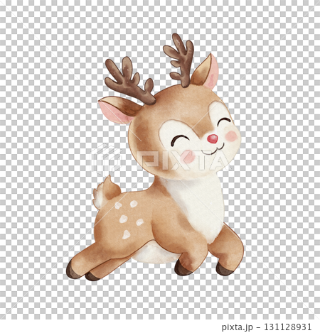 Cute reindeer with pink cheeks is smiling. Watercolor illustration of an animal. Hand drawn, isolated on white background. For New Year, Christmas, or design 131128931