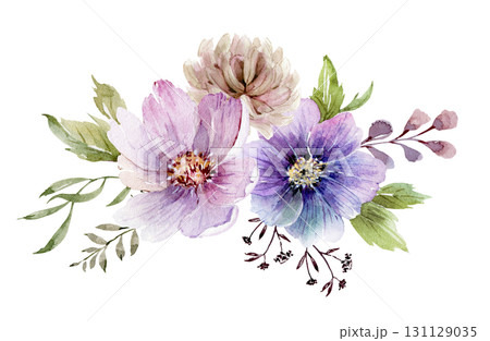 Bouquet of pink and lilac flowers, hand-drawn watercolor illustration 131129035