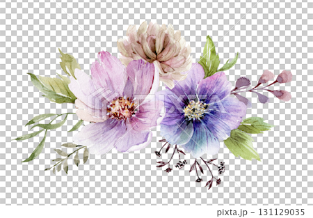 Bouquet of pink and lilac flowers, hand-drawn watercolor illustration 131129035