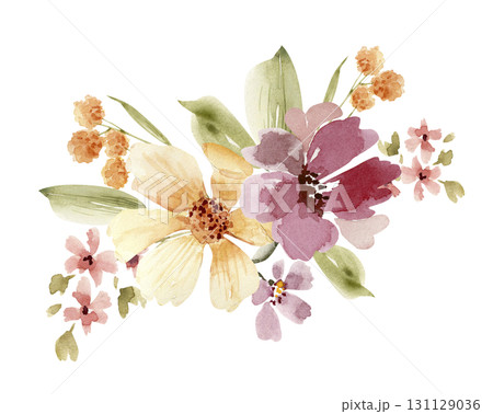 Bouquet of delicate flowers and plants,  hand drawn watercolor illustration 131129036